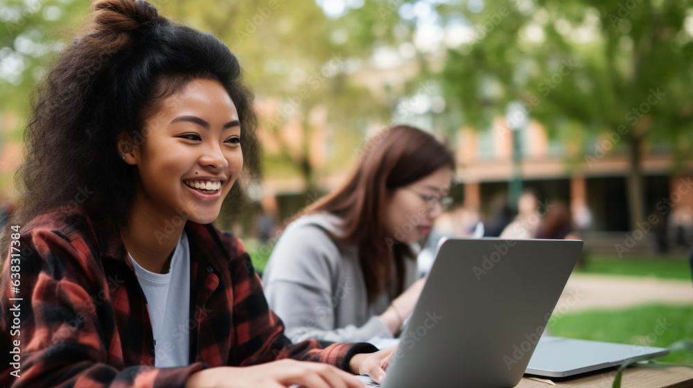 A young female student looks at a laptop with a college student working outdoors, education stock images