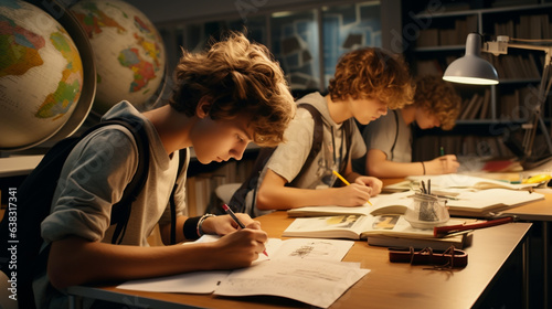 Three young boy writing on school notebooks in a modern study area, education stock images