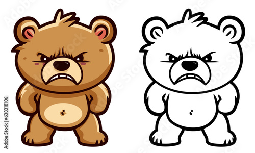Cute angry cartoon bear vector illustration, Angry teddy bear, Cartoon angry baby bear colored and black and white line art stock vector image