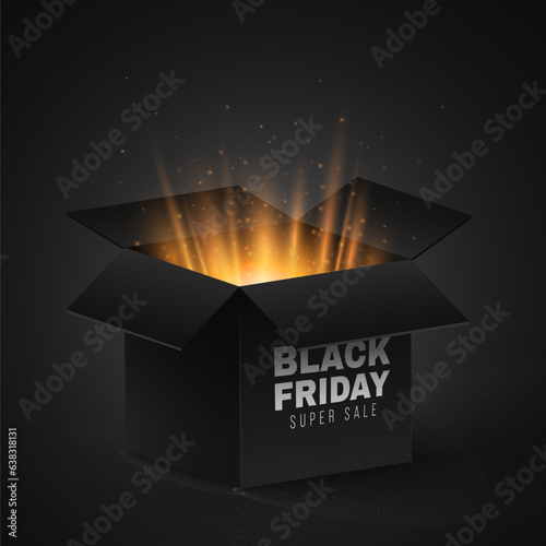 Gift magic open 3d box with golden rays and flying magical dust for Black Friday sale. Graphic elements for your design. Vector illustration.