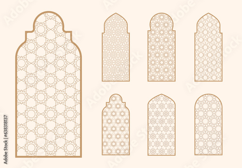 Islamic window shape with mashrabiya pattern. Arabic door frame. Islamic arhitecture elements of window and door and mashrabiya pattern.