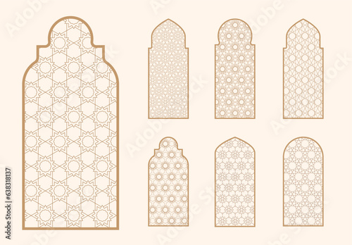 Islamic window shape with mashrabiya pattern. Arabic door frame. Islamic arhitecture elements of window and door and mashrabiya pattern. photo