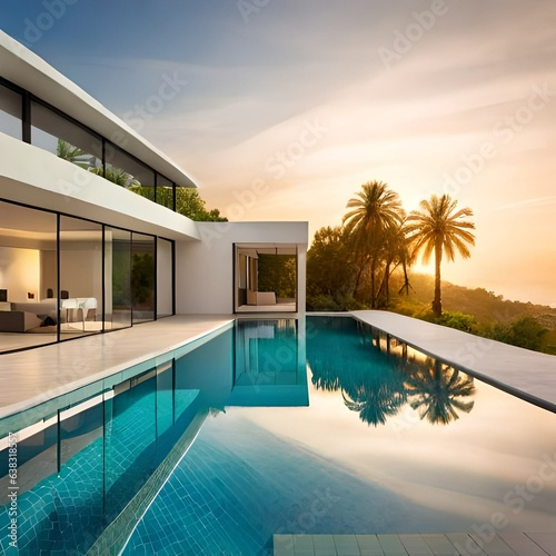 Tropical villa view with garden, swimming pool and open living room at sunset.AI generated © Ammad