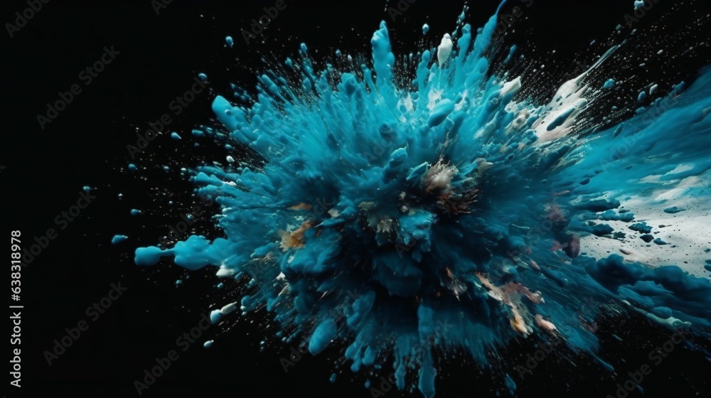 Fototapeta premium Blue and white Paint Splashes Ignite a Fantastical Explosion on a black background, Illuminating Free Space with Artistic Magic. Generative AI