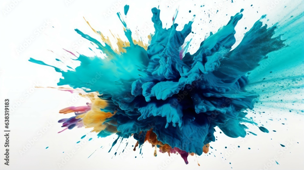 Blue Paint Splashes Ignite a Fantastical Explosion on a white background, Illuminating Free Space with Artistic Magic. Generative AI
