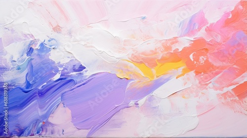 Abstract oil painting on canvas. Paint spots. Strokes of purple, orange and white paint 