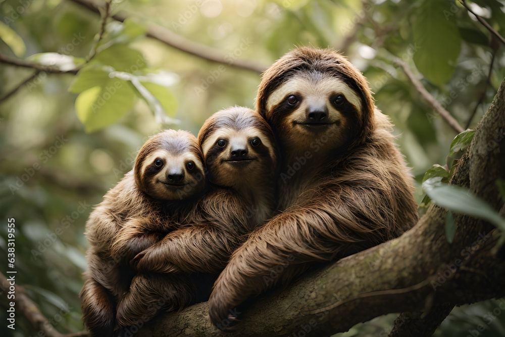 Fototapeta premium A female sloth with her babies hangs on a branch