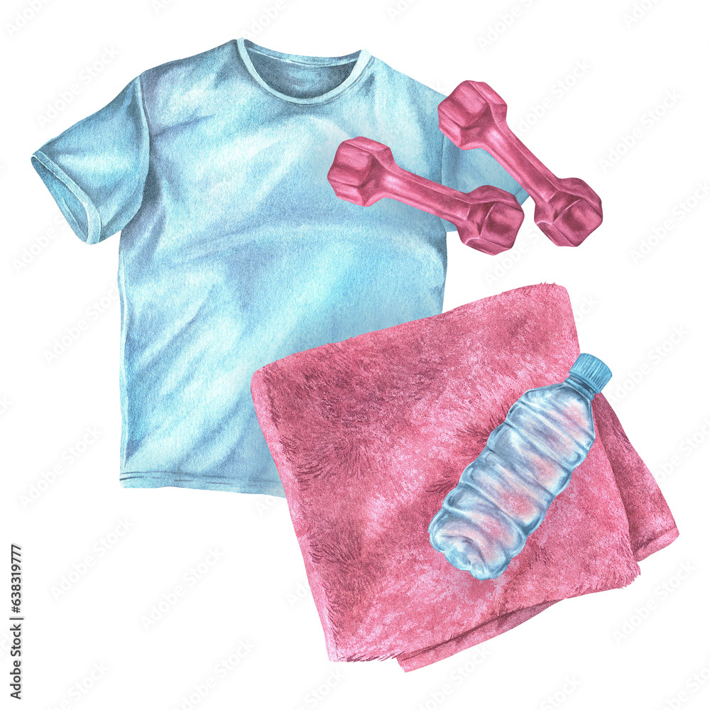 Sports kit to take with you to the gym. Watercolor illustration of