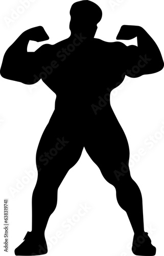 A black silhouette of a hulk body of a man on white background