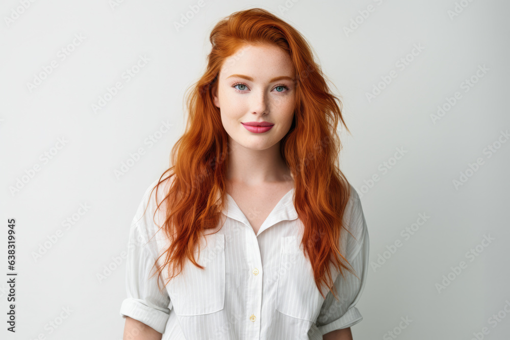 Happy attractive young woman with wavy red hair and freckles isolated over white background. Generative AI. Happy attractive young woman with wavy red hair and freckles isolated over white background. Generative AI.
