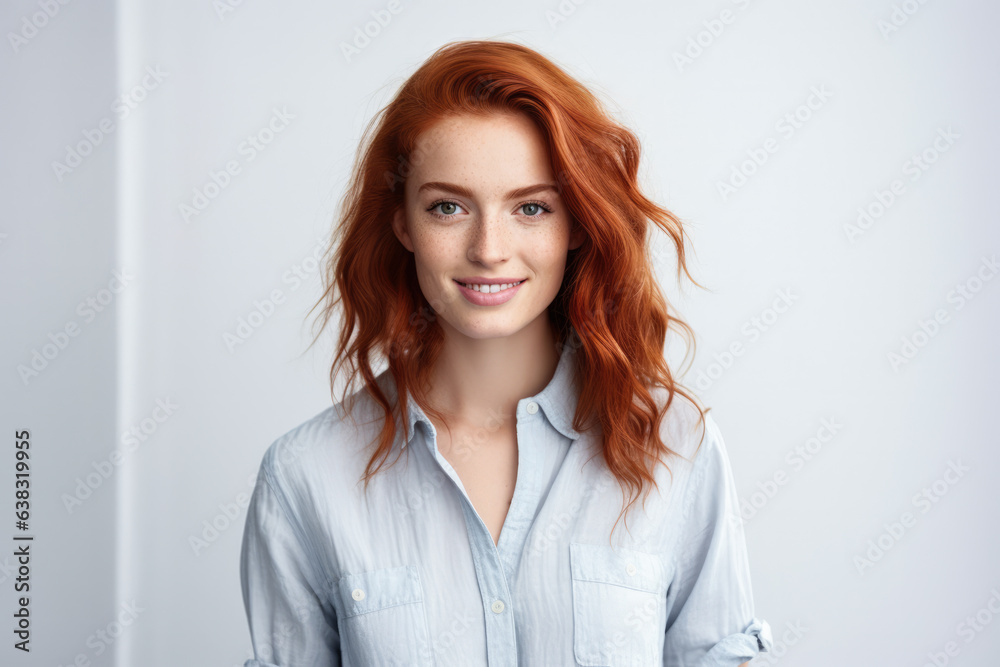 Happy attractive young woman with wavy red hair and freckles isolated over white background. Generative AI.