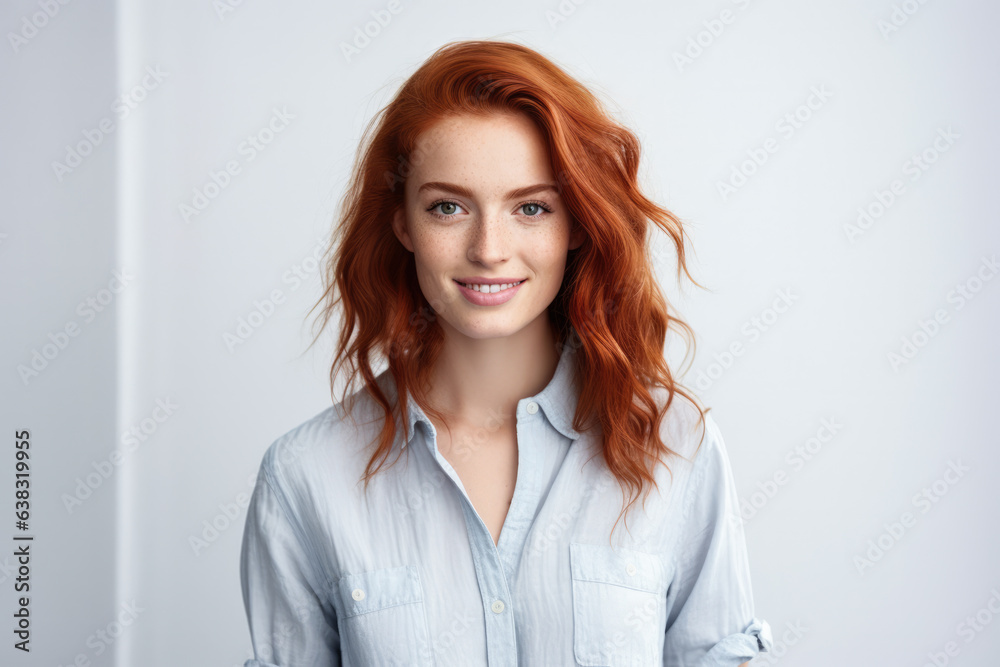 Happy attractive young woman with wavy red hair and freckles isolated over white background. Generative AI. Happy attractive young woman with wavy red hair and freckles isolated over white background. Generative AI.