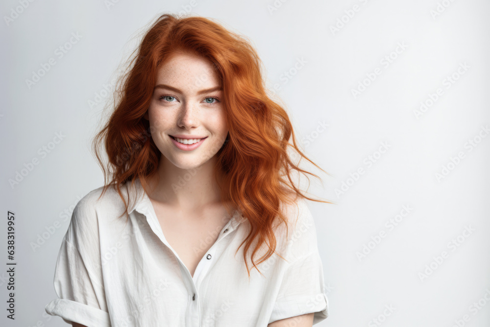 Happy attractive young woman with wavy red hair and freckles isolated over white background. Generative AI.
