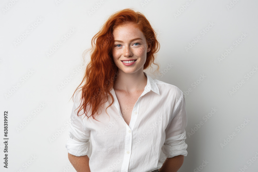 Happy attractive young woman with wavy red hair and freckles isolated over white background. Generative AI. Happy attractive young woman with wavy red hair and freckles isolated over white background. Generative AI.
