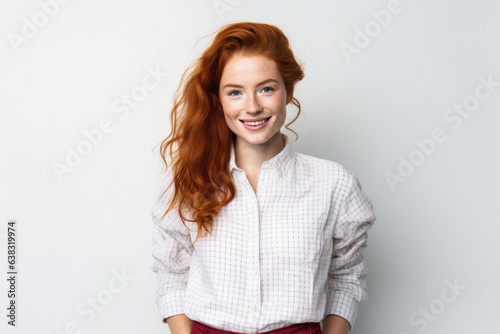 Happy attractive young woman with wavy red hair and freckles isolated over white background. Generative AI.