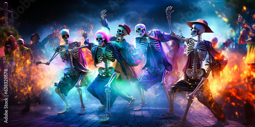 illustration of festive dressed skeletons at ball, costume Halloween party