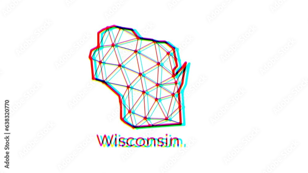 Wisconsin state map animation in polygonal style with glitch effect, 4k resolution video, US states motion graphics