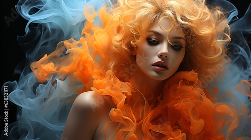 portrait of a blonde hauntingly and ghostly woman with flames and smoke around