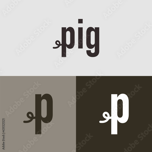 pig logotype with pig tail icon on letter P, vector logo illustration, isolated