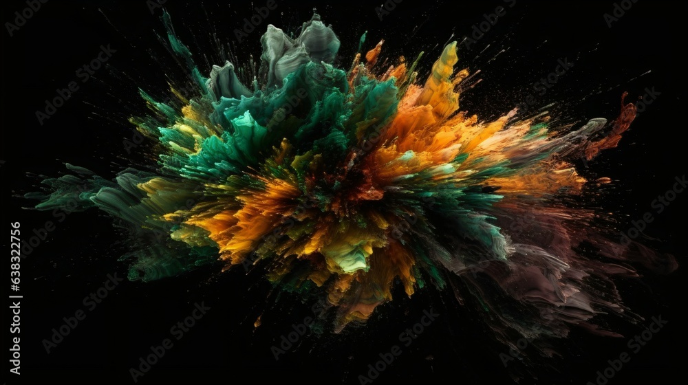 Green and brown Paint Splashes Erupt in a Fantasy Explosion on a black background Canvas, Creating a Colorful Symphony in Free Space. Ganerative AI Green and brown Paint Splashes Erupt in a Fantasy Explosion on a black background Canvas, Creating a Colorful Symphony in Free Space. Ganerative AI
