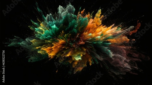 Green and brown Paint Splashes Erupt in a Fantasy Explosion on a black background Canvas, Creating a Colorful Symphony in Free Space. Ganerative AI