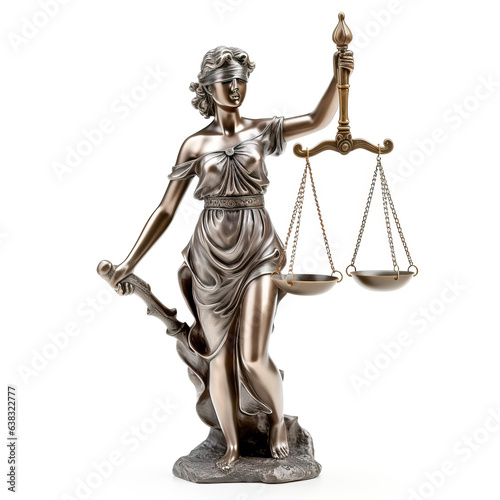 Close up of metal statue of lady justice blindfolded with scales isolated on white 