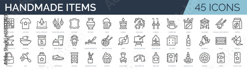 Set of 45 outline icons related to diy, handmade, handcrafted items. Linear icon collection. Editable stroke. Vector illustration