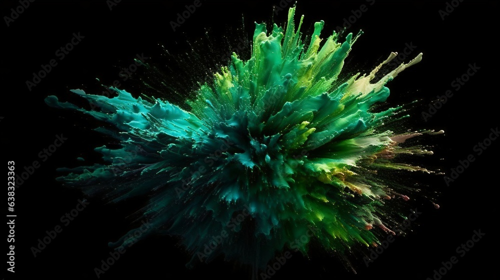 A Flourish of green Paint Splashes Ignites a Fantasy Explosion on a black background, Enveloping Free Space in Creative Energy. Generative AI A Flourish of green Paint Splashes Ignites a Fantasy Explosion on a black background, Enveloping Free Space in Creative Energy. Generative AI