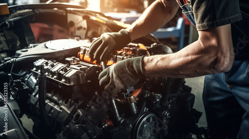A professional mechanic working on a car engine in a garage. Car repair service. Hands wear mechanic gloves. Mechanic holding a tool to tighten the nut. Engine cover. photo