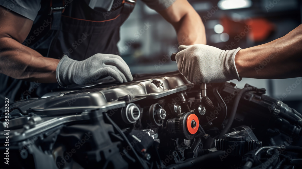 A professional mechanic working on a car engine in a garage. Car repair service. Hands wear mechanic gloves. Mechanic holding a tool to tighten the nut. Engine cover. - obrazy, fototapety, plakaty 