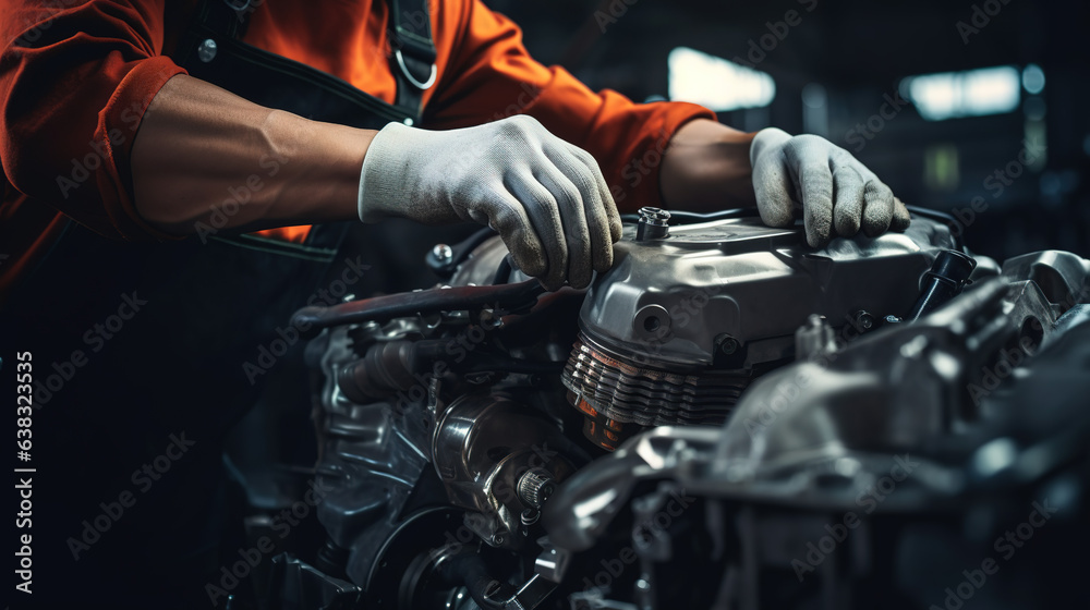 Obraz premium A professional mechanic working on a car engine in a garage. Car repair service. Hands wear mechanic gloves. Mechanic holding a tool to tighten the nut. Engine cover.
