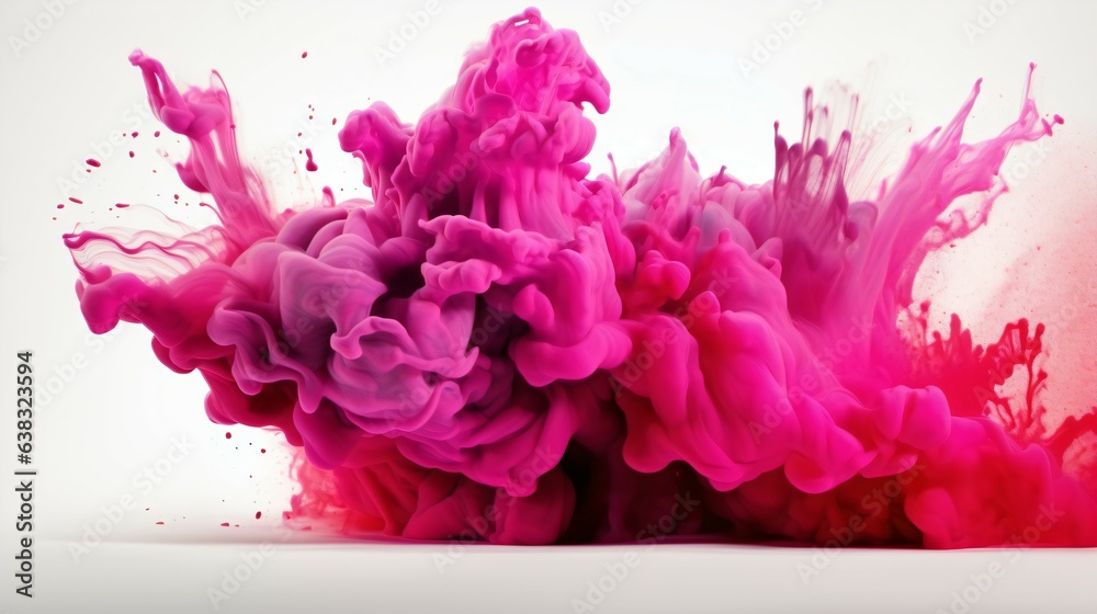 A Flourish of Hot pink Paint Splashes Ignites a Fantasy Explosion on a White background, Enveloping Free Space in Creative Energy. Generative AI