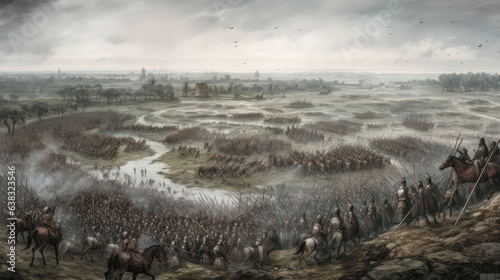 Epic large scale battle with soldiers and horses in a war