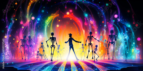 illustration of skeletons which dancing on Halloween disco party