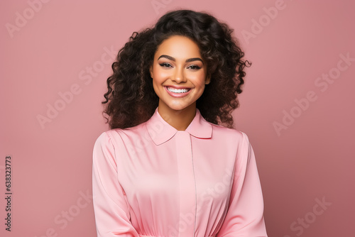 Successful black female judge smiling at the camera isolated on pastel backgroundo  photo