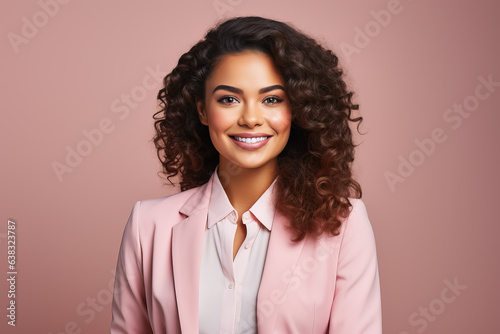 Successful black female judge smiling at the camera isolated on pastel backgroundo  photo