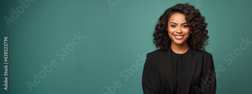 Successful black female judge smiling at the camera isolated on pastel backgroundo  photo
