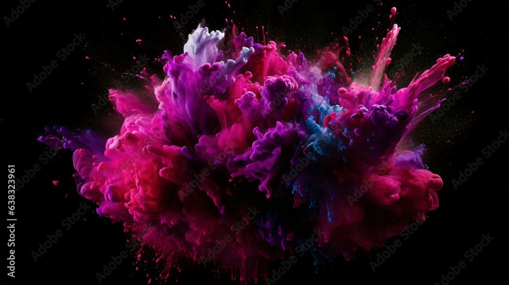 A Flourish of magenta Paint Splashes Ignites a Fantasy Explosion on a Black background, Enveloping Free Space in Creative Energy. Generative AI - obrazy, fototapety, plakaty 