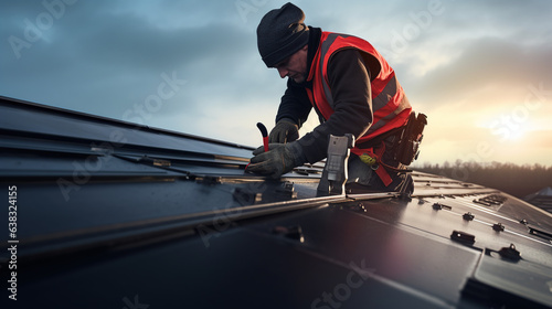 A Maintenance roof replacement, worker holding a bolting tool is replacing metal cheese roofing sheets and fixing the sheet with bolts using bolt cutters.
