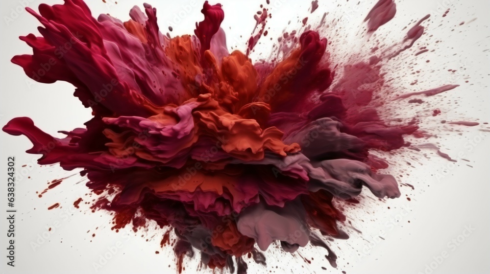A Flourish of maroon Paint Splashes Ignites a Fantasy Explosion on a white background, Enveloping Free Space in Creative Energy. Generative AI