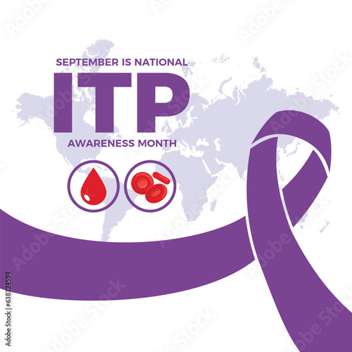 September is National ITP Awareness Month vector illustration. Purple awareness ribbon and blood icon set vector. Immune thrombocytopenic purpura is a blood disorder. Important day photo