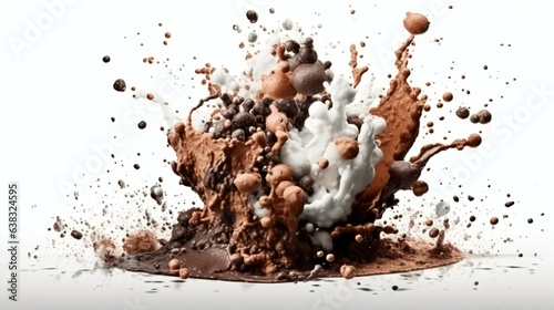 A Flourish of milk and chocolate Paint Splashes Ignites a Fantasy Explosion on a white background, Enveloping Free Space in Creative Energy. Generative AI