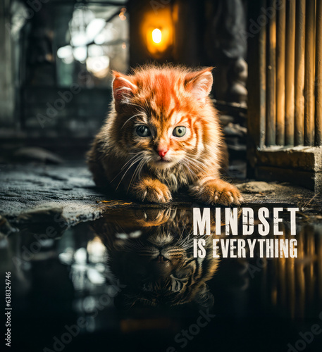 Mindset is everything cat poster. a cat reflection in the water is tiger photo