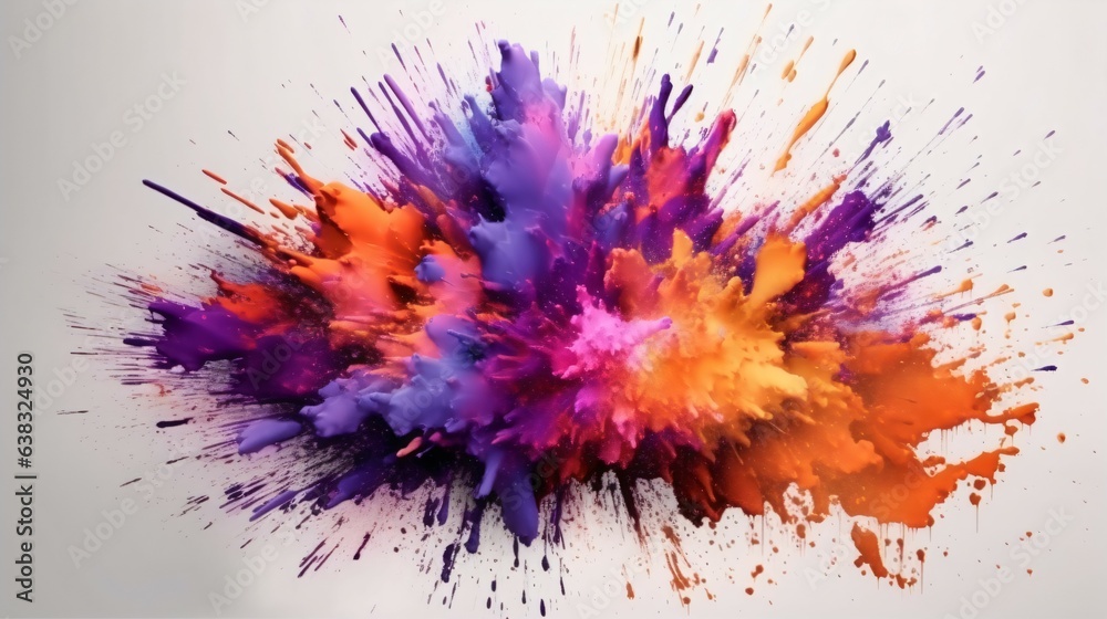 A Flourish of orange and purple Paint Splashes Ignites a Fantasy Explosion on a white background, Enveloping Free Space in Creative Energy. Generative AI A Flourish of orange and purple Paint Splashes Ignites a Fantasy Explosion on a white background, Enveloping Free Space in Creative Energy. Generative AI