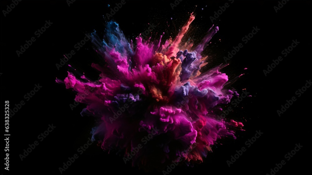 A Flourish of pink and purple Paint Splashes Ignites a Fantasy Explosion on a black background, Enveloping Free Space in Creative Energy. Generative AI A Flourish of pink and purple Paint Splashes Ignites a Fantasy Explosion on a black background, Enveloping Free Space in Creative Energy. Generative AI