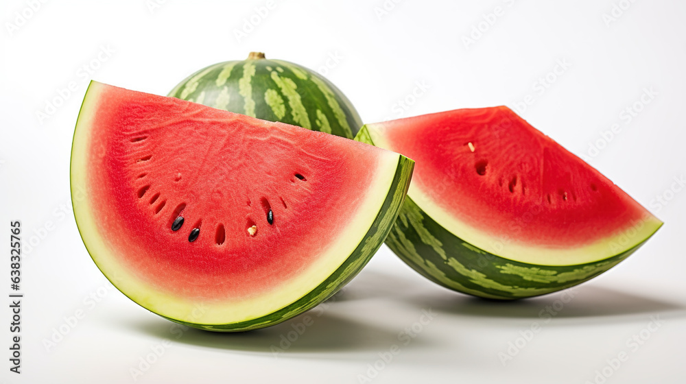 A watermelons and 1 watermelon halved, watermelon juice, white background A watermelons and 1 watermelon halved, watermelon juice, white background