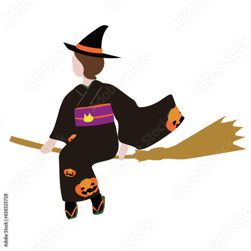 着物で箒に乗るハロウィンの魔女