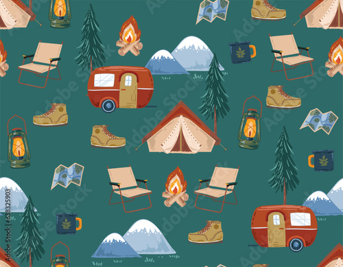 Happy Camper  in forest. with animal and Equipment Weekend, vacation on nature. Seamless pattern Vector illustration
