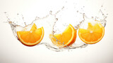An 2 oranges and 1 orange halved, orange juice splash, white background,