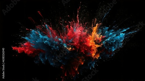 A Flourish of red and Blue Paint Splashes Ignites a Fantasy Explosion on a black Abstract Canvas  Enveloping Free Space in Creative Energy. Generative AI